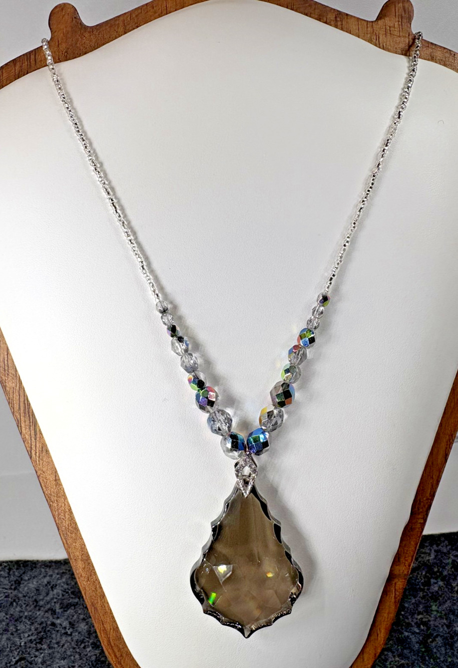 Artisan Handmade Crystal Pendant Necklace Smoky Focal Stone AB Iridescent Beads